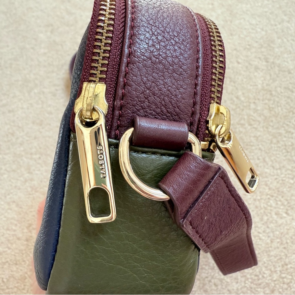 Talbots Colorblock Navy Olive Burgundy Leather Crossbody Zip Purse - Picture 3 of 10